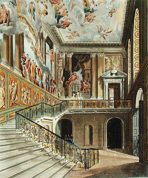 The Great Staircase at Hampton Court Palace from Pyne's 'Royal Residences' engraved by Richard Reeve (b.1780) published in 1819 by Neoclassicism