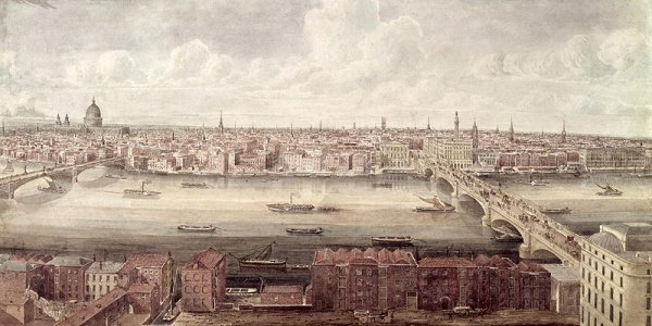 Panoramic view of London looking north between Southwark Bridge and London Bridge, c.1831