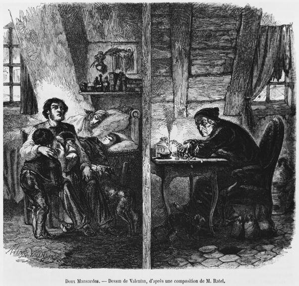 Two garrets, illustration from Le Magasin Pittoresque, Paris, 1855
