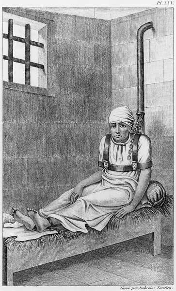 Chained insane at Bedlam, illustration from Des Maladies Mentales considerees sous le rapport medical, hygienique et medico-legal by Etienne Esquirol 1772-1840 plate XXV, 1838