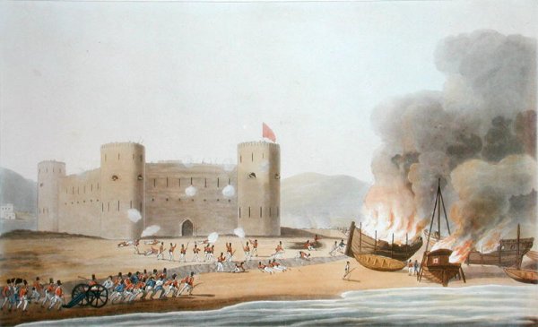 The Attack on the Fort of Luft, November 27th 1809, from Sixteen Views of Places in the Persian Gulph, taken in the Years 1809-10 illustrative of the Proceedings of the Forces employd on the expedition sent from Bombay, engraved by I. Clark, published