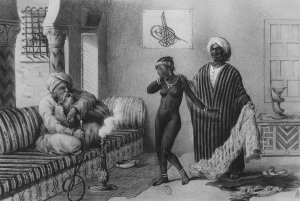 A Young Girl from Timbuktoo Being Offered by a Slave Master in Tripoli in 1854, from Voyages au Soudan et dans LAfrique Septentrionale, engraved by A. Adam, 1850