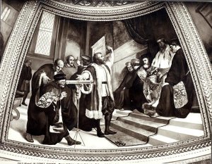 Galileo 1564-1642 presenting his telescope to the Venetian senate, from The Trial of Galileo