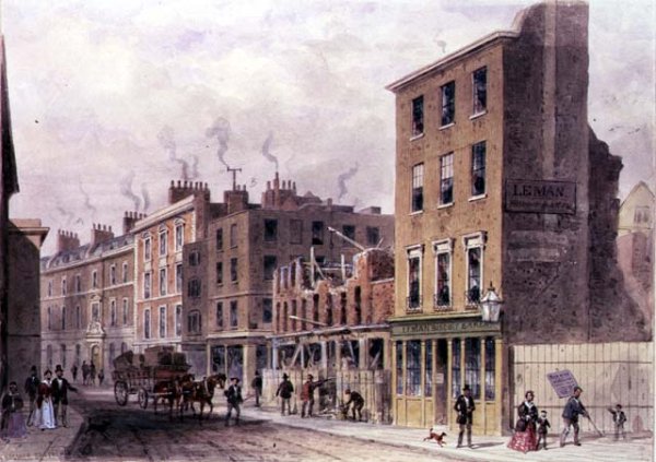 View in Threadneedle Street, pulling down for improvements, Merchant Taylors, Hall or Alderman Moon Print Shop at corner of Finch Lane