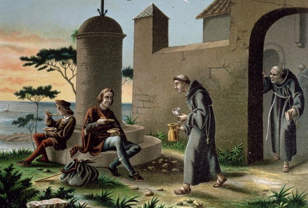 The Arrival of Christopher Columbus 1451-1506 with his Son at the Monastery of la Rabida, from The Discovery of America, published in Barcelona in 1878