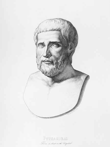 Portrait of Pythagoras c.580-500 BC engraved by B.Barloccini, 1849