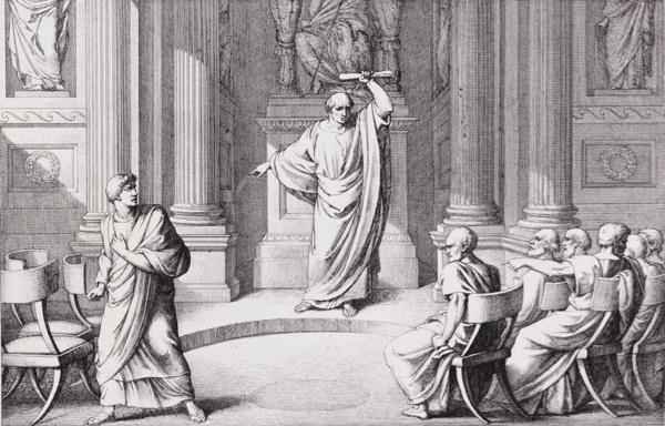 Cicero Denouncing Catiline, engraved by B.Barloccini, 1849