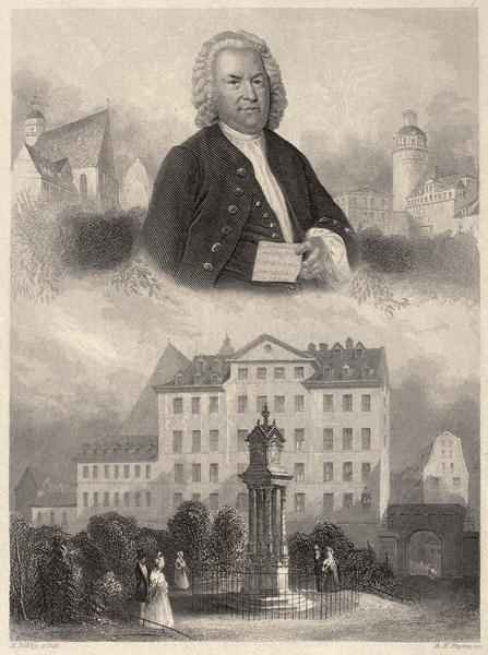 Portrait of Johann Sebastian Bach, Bachs Monument and St. Thomas Church and School in Leipzig, c. 1860