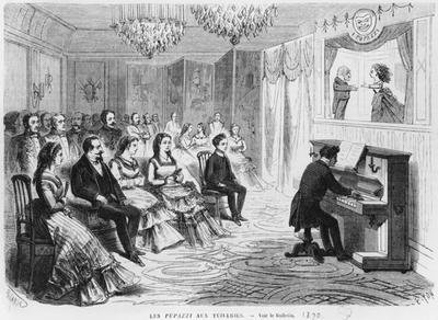 The Puppet show I Pupazzi performing in front of Emperor Napoleon III 1808-73 Empress Eugenie 1826-1920 and Prince Eugene Louis Napoleon Bonaparte 1856-79 at the Tuileries