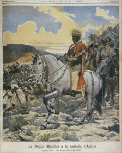 Negus of Ethiopia Menelik II 1844-1913 at the battle of Adowa illustration from Le Petit Journal 28th August 1898