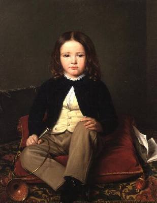 Portrait of a Boy seated on a Cushion holding a Horn