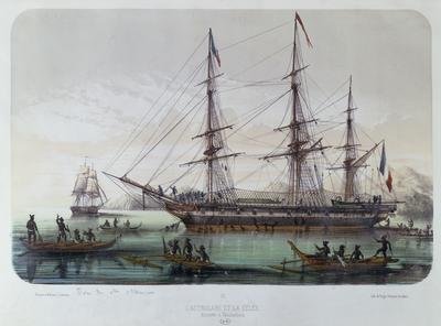 The Astrolabe and Zelee visiting Nuku Hiva Island in the French Marquesas Islands