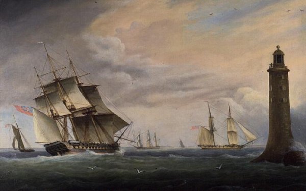 A Frigate and a Naval Brig passing the Eddystone Lighthouse