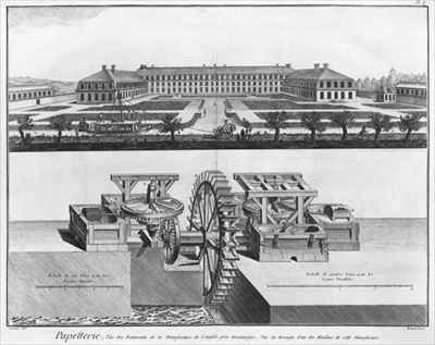 A paper mill illustration from the Encyclopedie des Sciences et Metiers by Denis Diderot 1713-84