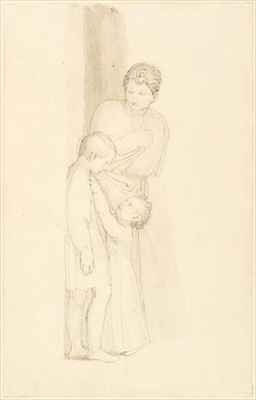 A Woman standing behind a Small Child