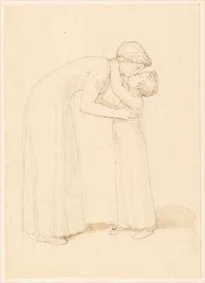 A Woman Bends Down to Kiss a Child