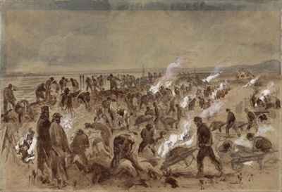 Workmen laying telegraph cable