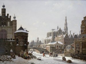 A Capriccio View of a Town with Figures on a Frozen Canal