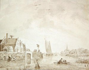 Shipping in an Estuary by a Village with a City in the Distance