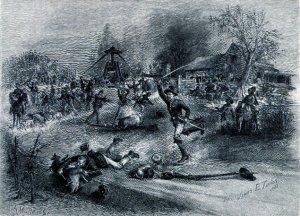 Shermans foragers on a Georgia plantation, 1888, engraved by R.A Muller, illustration from Battle and Leaders of the Civil War, edited by Robert Underwood Johnson and Clarence Clough Buel