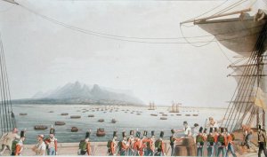 View from the Deck of the Upton Castle Transport, of the British Army Landing, 29th November 1810, from Sixteen Views of Places in the Persian Gulph, taken in the Years 1809-10 illustrative of the Proceedings of the Forces employd on the expedition sent