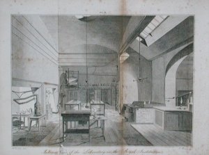 Interior of the Royal Institutions basement laboratory, from Manual of Chemistry, by W.T. Brande, engraved by James Basire, 1819