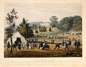 Meeting of the Royal British Bowmen in the Grounds of Erddig, 13th September 1822, engraved by Bennett, pub. in 1823