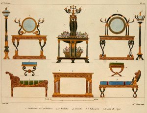 Furniture designs, engraved by Mme Soyer, plate 24 from Modeles de Meubles et de decorations interieures pur les meubles, published 1828-41