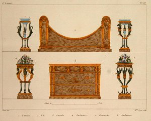 Furniture designs, engraved by Mme Soyer, plate 28 from Modeles de Meubles et de decorations interieures pur les meubles, published 1828-41
