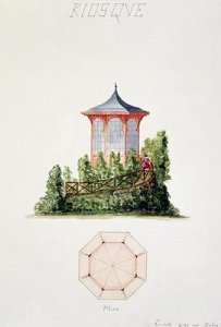 Design for a pavilion in simplified oriental style from a folio of original drawings in classical and early Belle-Epoque styles