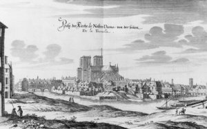 View from the Left Bank of the Seine to the Ile de la Cite and Notre Dame from Topographia Galliae by Martin Zeiller