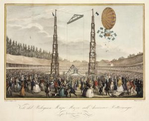 Flight of the Bolognese Muzio Muzzi 1809-46 in the Airship Retirremiga 1838