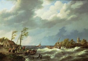 Dutch Fishing Vessel Caught on a Lee Shore with Villagers and a Rescue Boat in the Foreground