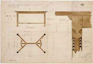 Design for a dining table in English oak darkened with a hayrake stretcher