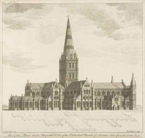 Part of the Plan and a Perspective View of the Cathedral Church of Sarum taken from the North East