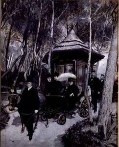 Queen Victoria riding in a mule carriage with John Brown in attendance