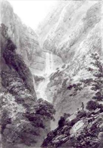 The Cascade of Minzapeezo, watercolour by Samuel Davies after an engraving